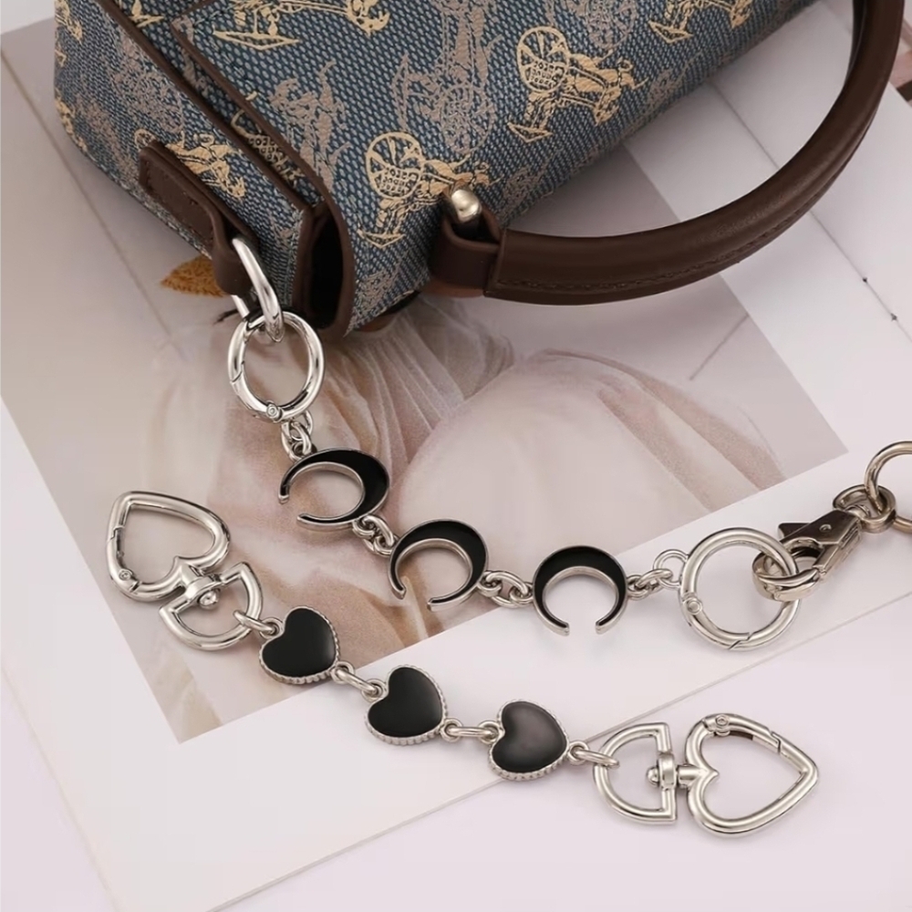 2 Pcs Black And Silver Purse Strap Extenders. Cs/moons And Hearts. New - Picture 3 of 3